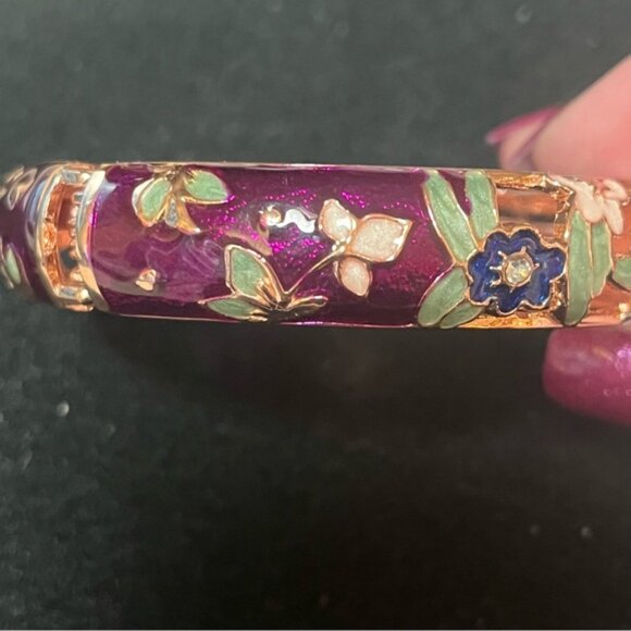 Cloisonne Enamel Floral Hinged Bangle Bracelet - Picture 5 of 11